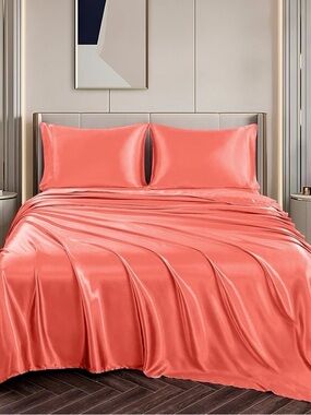 Coral Satin Bed Sheet Set - Luxury Soft Bedding